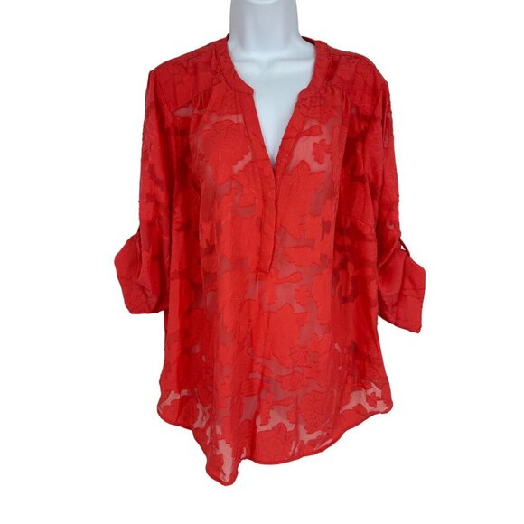 Torrid Blouse Harper Chiffon Clip Floral Pullover 3/4 Sleeve Sheer Coral Size 1X - Picture 2 of 11